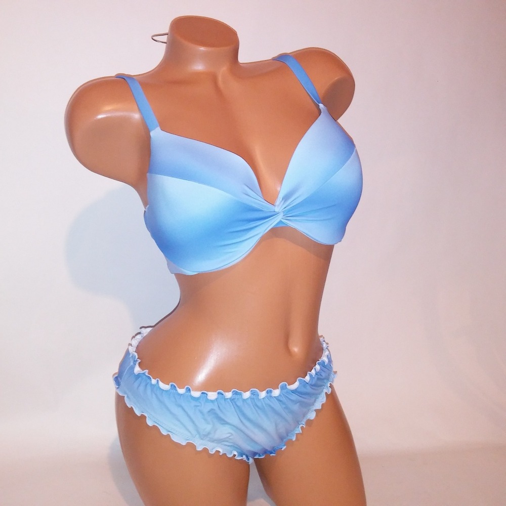 Victoria Secret Swim Bikini 34DD Top Large Bottom Blue Ombre Push Up Underwire